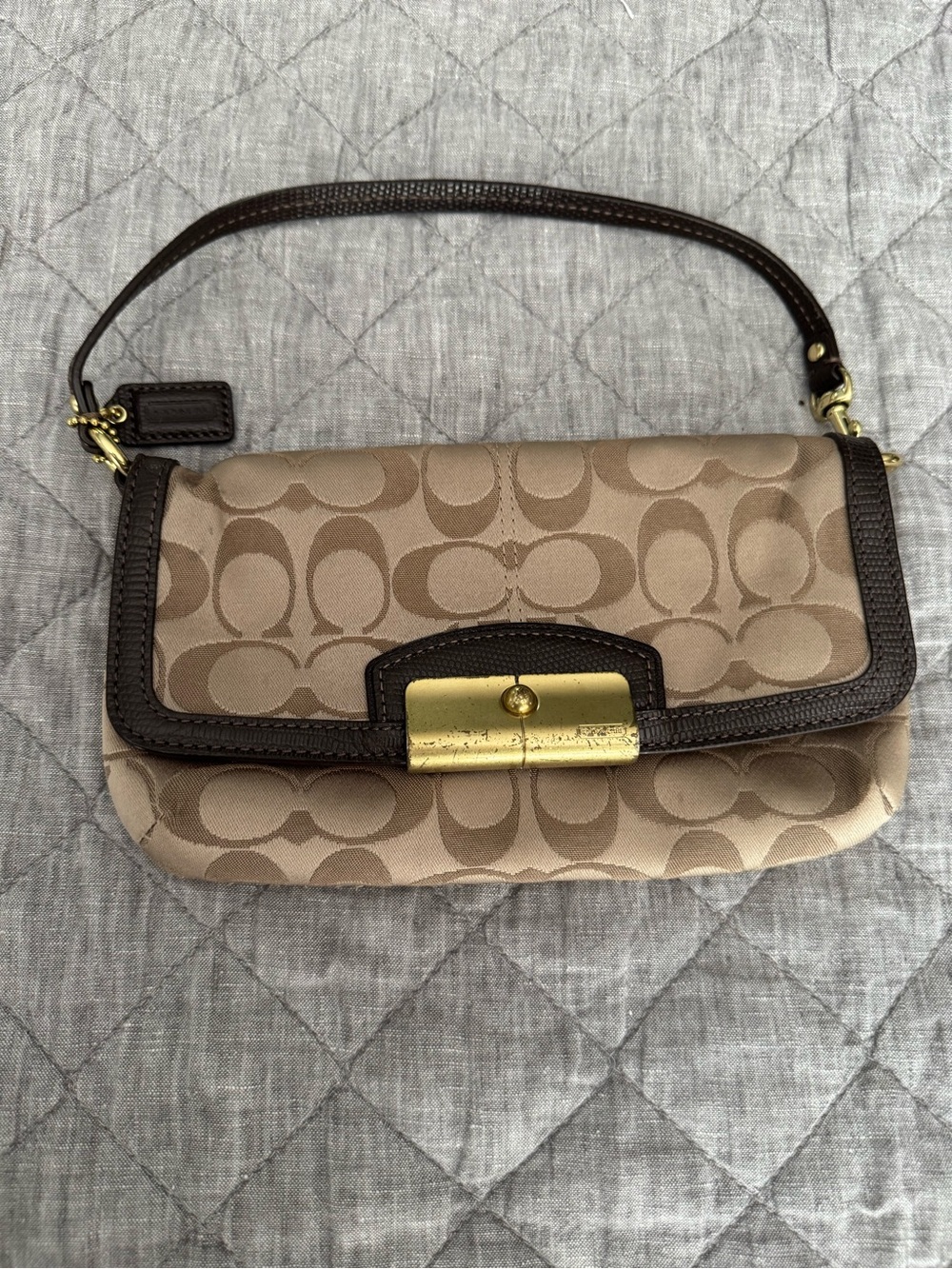 Coach Signature Mini Shoulder Bag in Beige with Dark Brown Trim